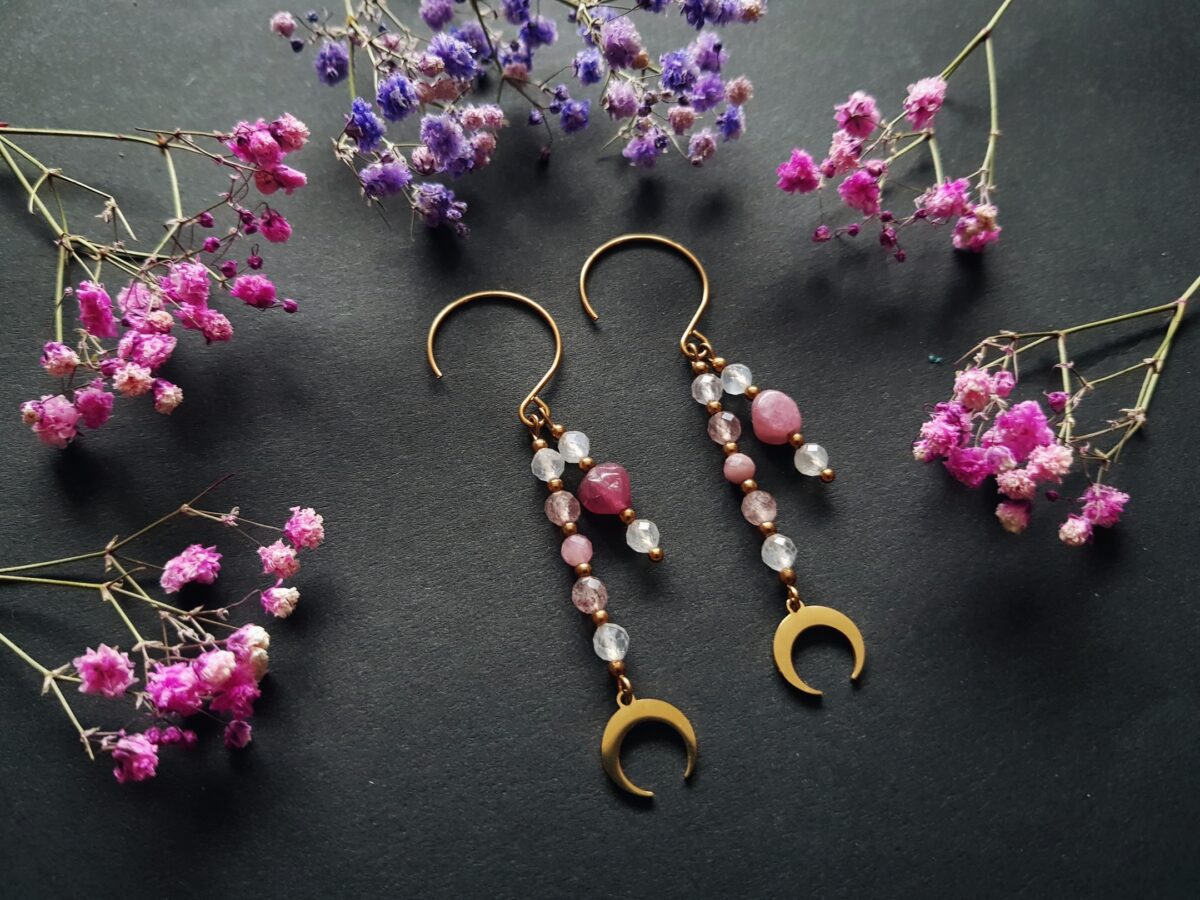 Kolczyki "Kochaj siebie" - Kamień księżycowy, Turmalin różowy, Kwarc truskawkowy, - obrazek 3