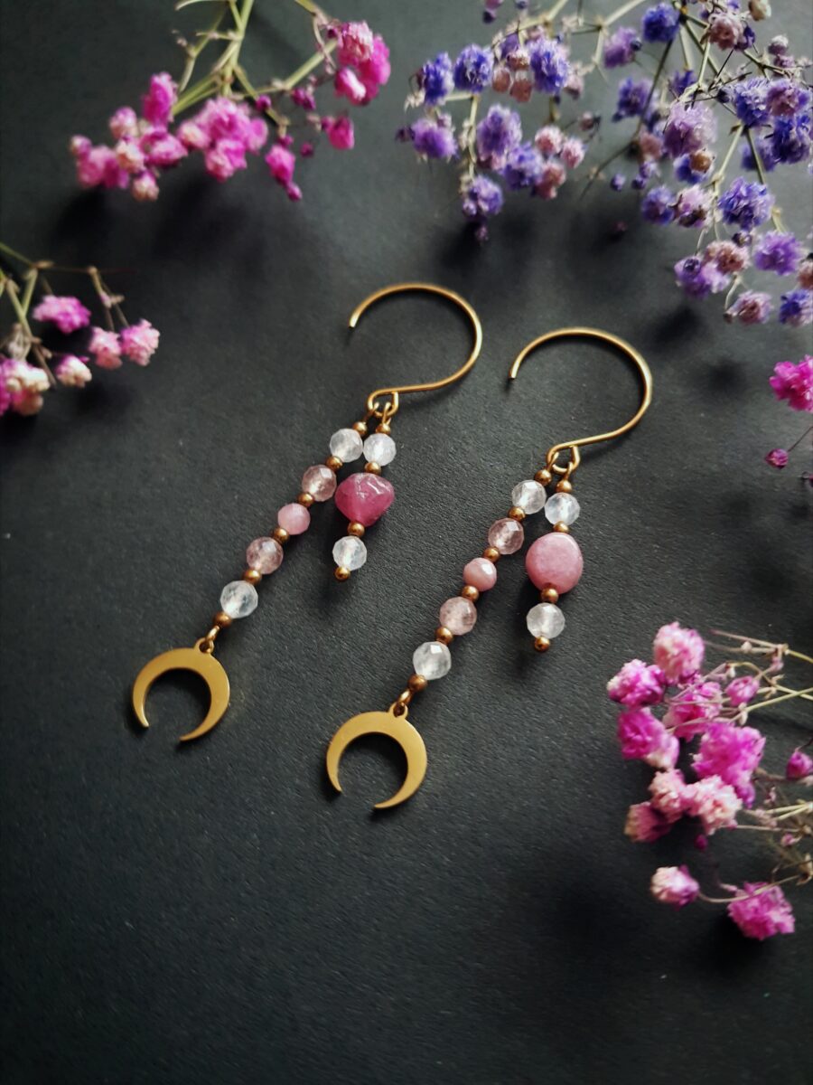 Kolczyki "Kochaj siebie" - Kamień księżycowy, Turmalin różowy, Kwarc truskawkowy, - obrazek 4