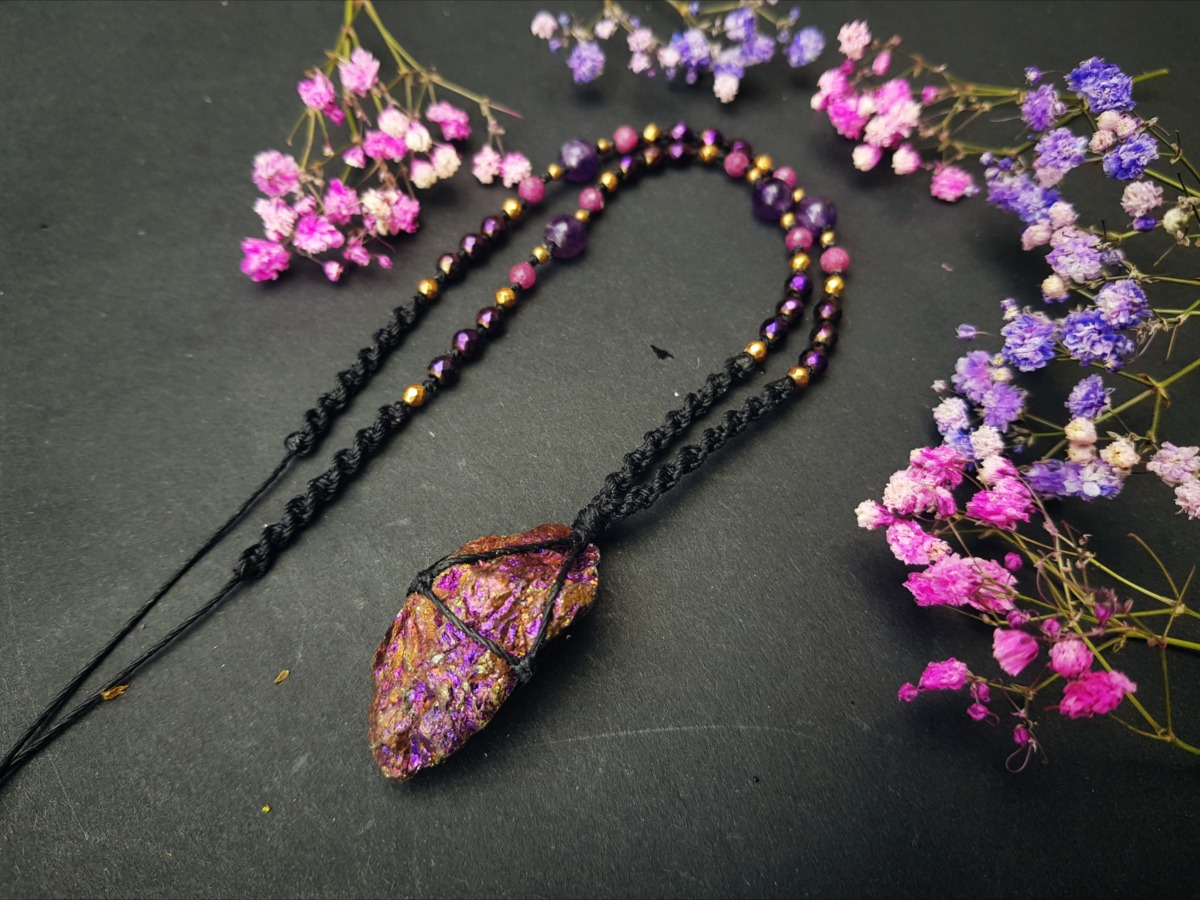 Unikatowy naszyjnik "Odważne Serce" - Chalkopiryt, Ametyst, Rubin, Hematyt - obrazek 8