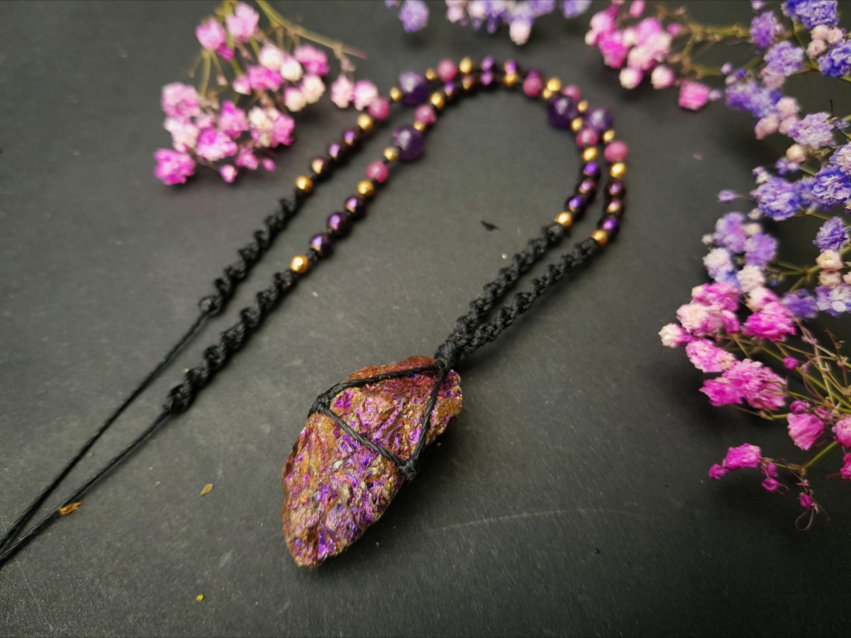 Unikatowy naszyjnik "Odważne Serce" - Chalkopiryt, Ametyst, Rubin, Hematyt