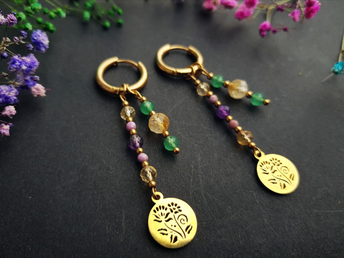 Kolczyki "Łąka" - Cytryn, Awenturyn, Ametyst, Czaroit, Fosfosyderyt