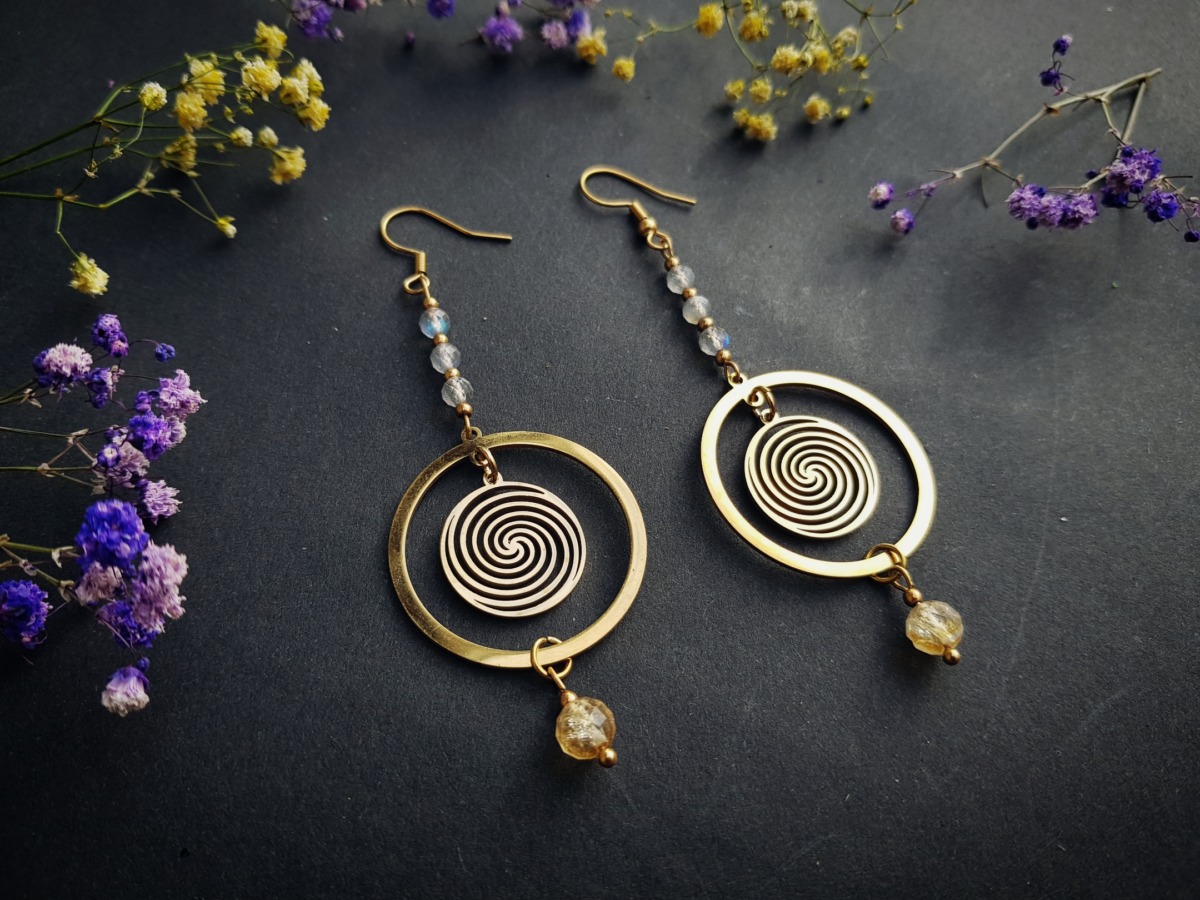 Kolczyki "Spirala Świadomości" - Labradoryt, Cytryn