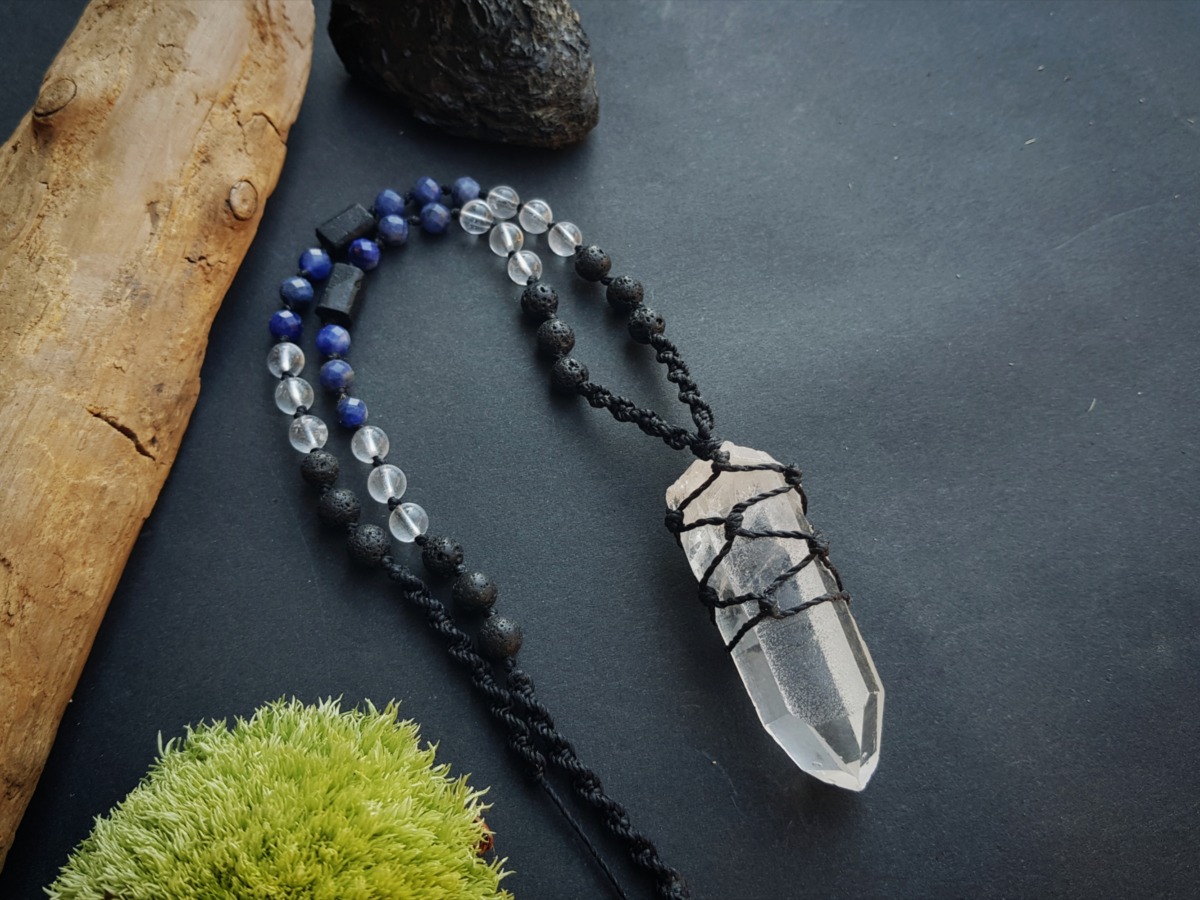 Unikatowy Męski Naszyjnik Dobrych Wibracji - Kryształ górski, Sodalit, Lawa wulkaniczna, Turmalin