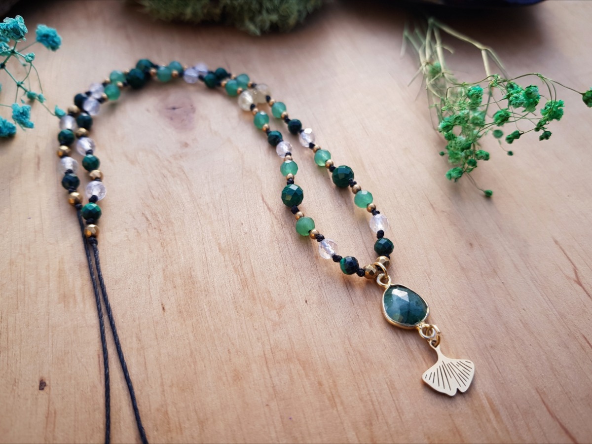 Unikatowy naszyjnik "Wewnętrzne Światło"- Szmaragd, Kryształ górski, Malachit, Awenturyn, Cytryn