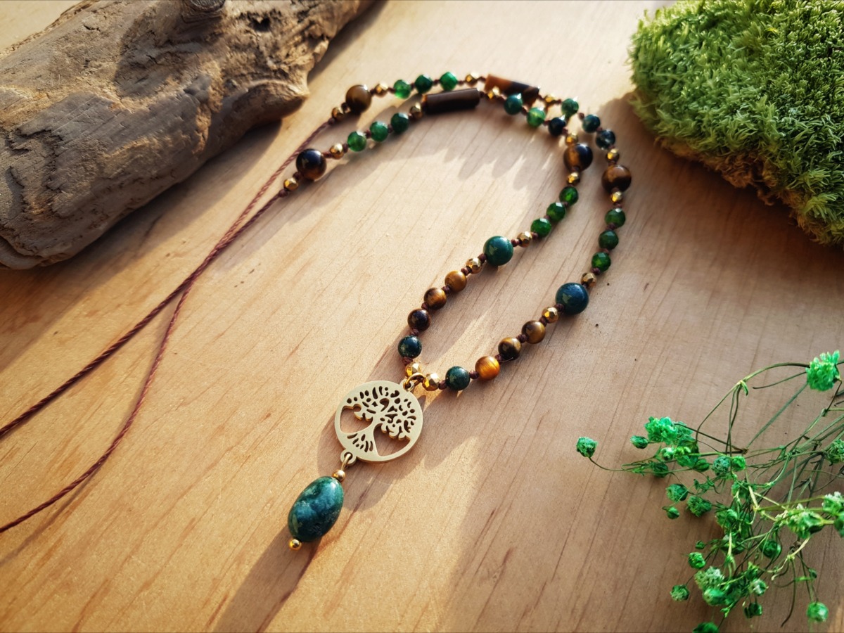 Naszyjnik "Połączenie z Naturą" - Agat mszysty, Tygrysie oko, Diopsyd