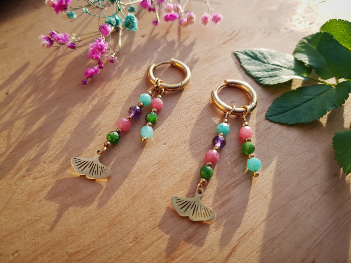 Kolczyki "Roślinna Pieśń" - Diopsyd, Rodochrozyt, Ametyst, Amazonit