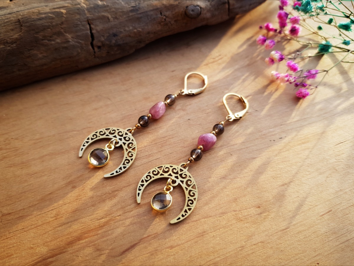 Kolczyki "Równowaga" - Kwarc dymny, Turmalin różowy