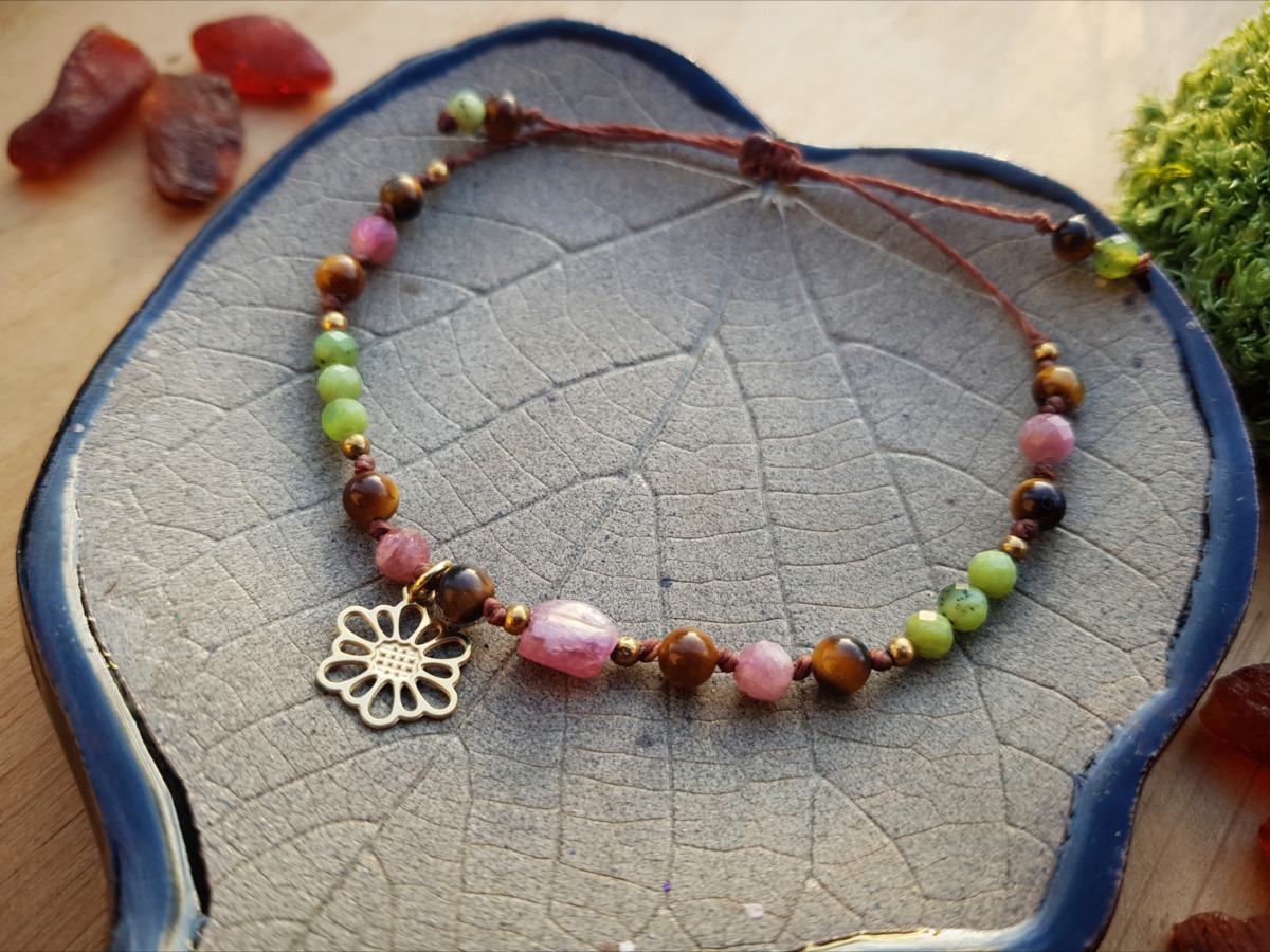 Bransoletka "Uzdrowicielka" - Turmalin różowy, Tygrysie oko, Nefryt