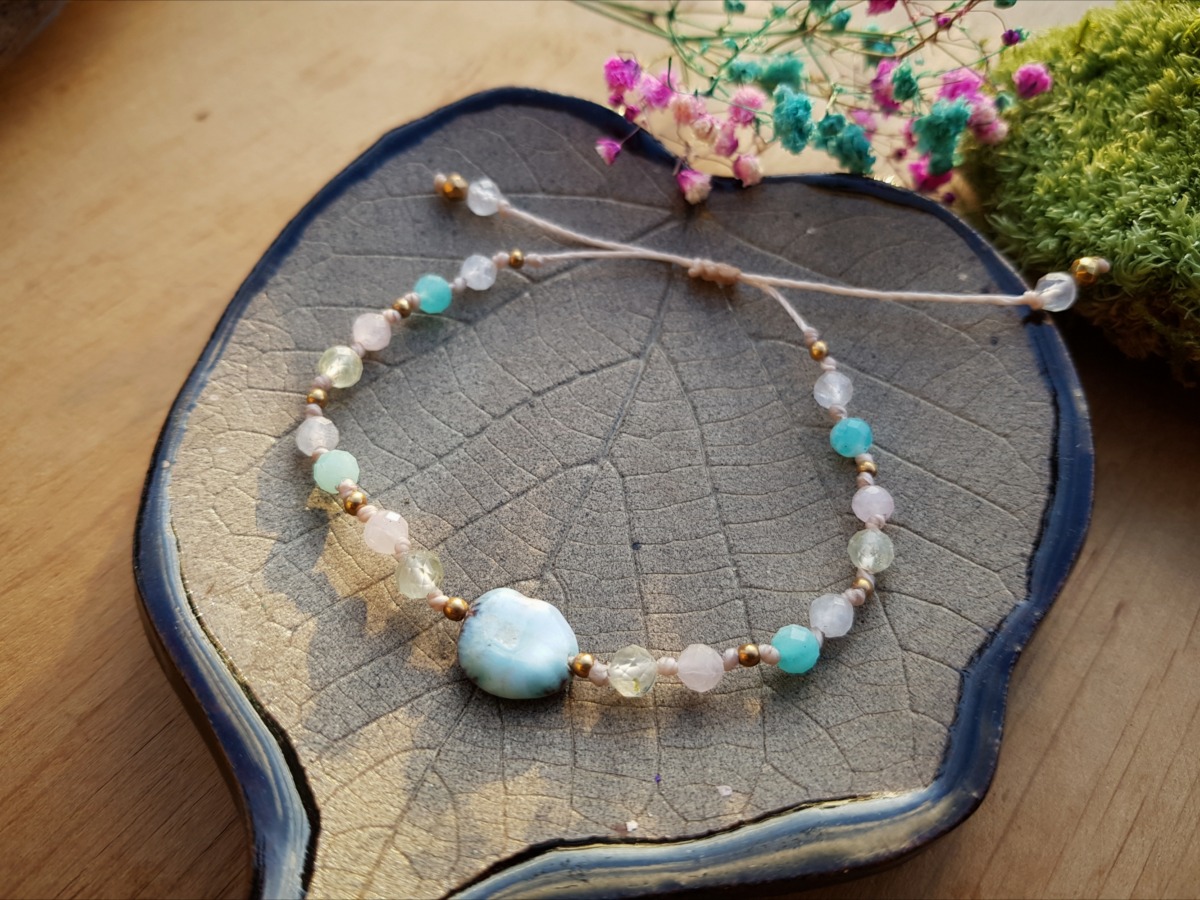 Bransoletka Nowej Ery - Larimar, Kwarc różowy, Amazonit, Prehnit, Kamień księżycowy - obrazek 4