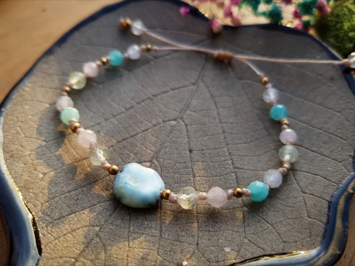 Bransoletka Nowej Ery - Larimar, Kwarc różowy, Amazonit, Prehnit, Kamień księżycowy