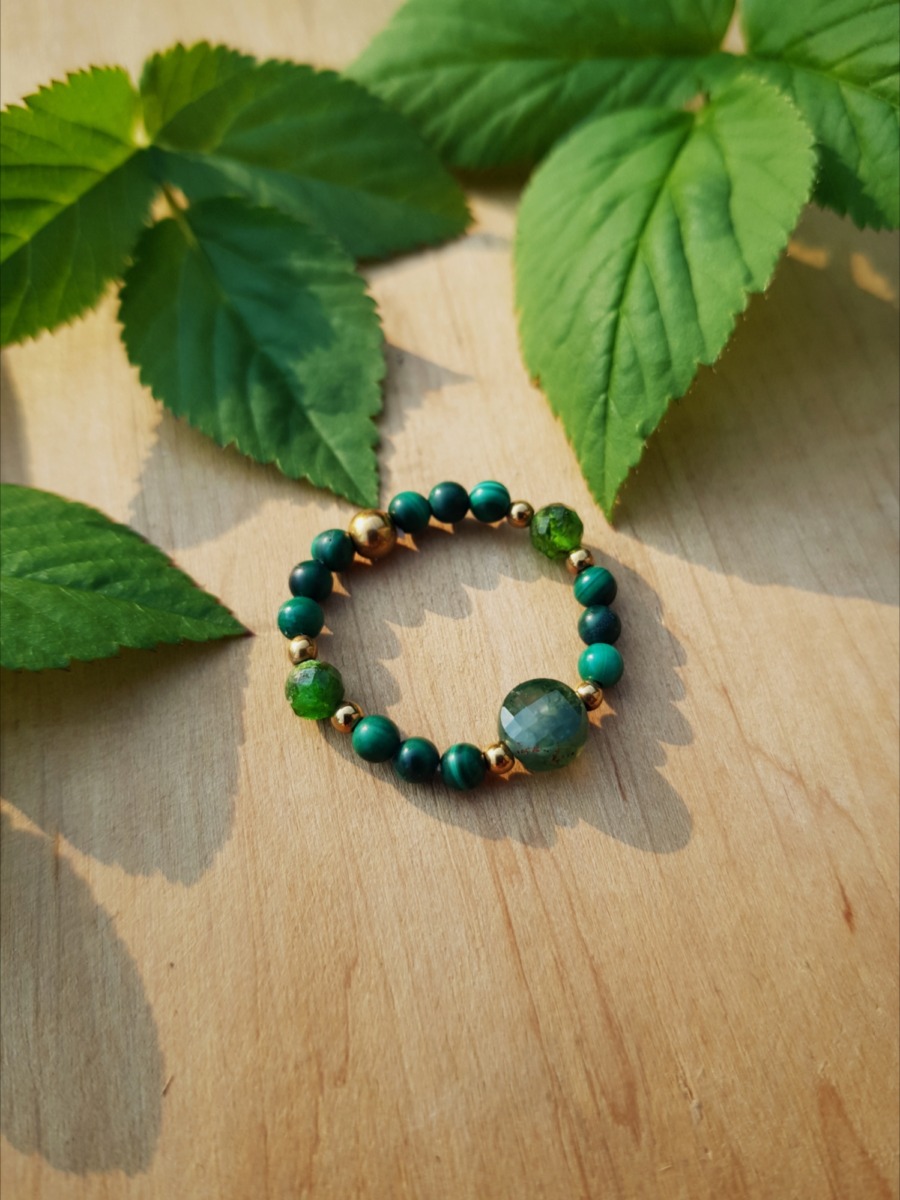 Pierścionek Połącznia z Naturą - Agat mszysty, Malachit, Diopsyd - obrazek 3